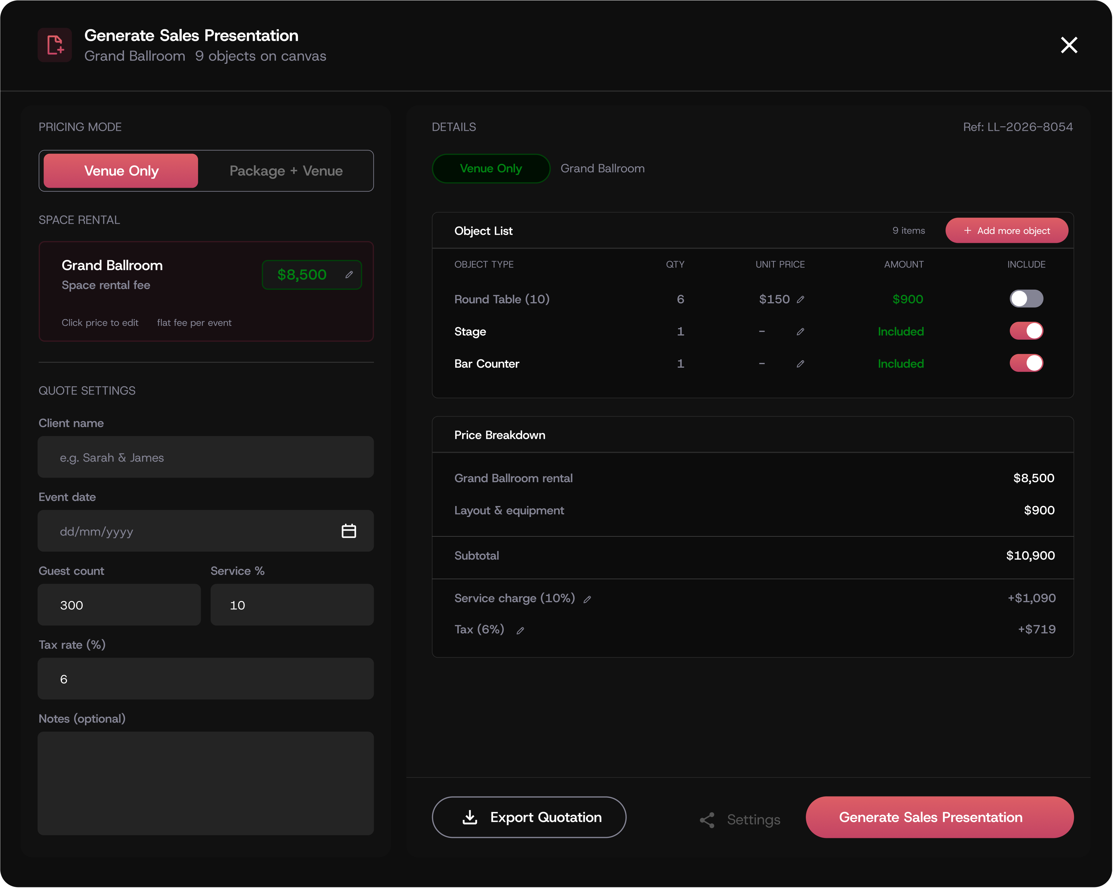 Generate Sales Presentation with packages, pricing, and a quote breakdown
